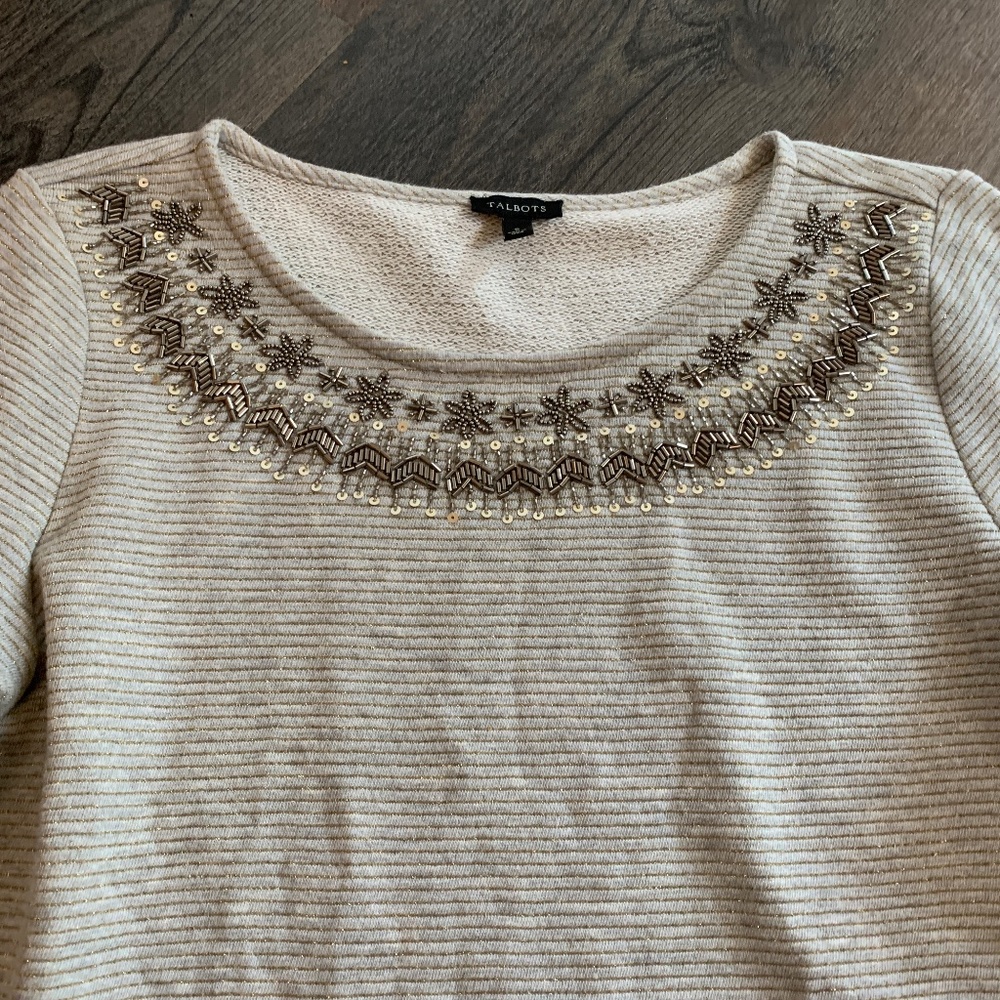 Talbots beaded snd sequin beck sweatshirt with gold n m stall UC stripes
